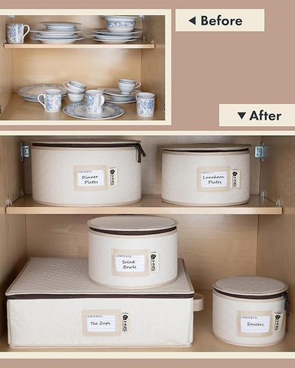 Hard Shell China Storage Containers 5-Piece Set Moving Boxes for Dinnerware, Glasses, Plates, Mugs and Saucers Sturdy Dish Organizer with Dividers for Seasonal Storage - Service for 12 - Beige Quilted