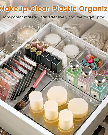 Criusia Drawer Organizer, 18 Pack Large Clear Plastic Kitchen Drawer Organizers Set, 6 Size Versatile Bathroom and Vanity Drawer Organizer Trays, Storage Bins for Makeup, Bedroom, Kitchen Utensils