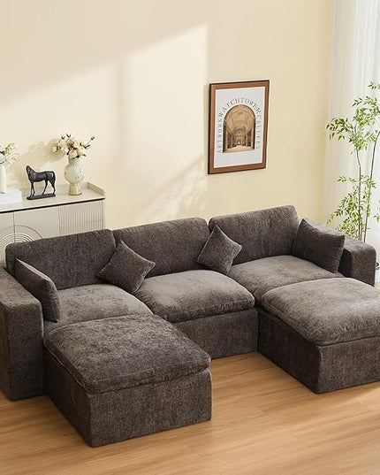 115'' Cloud Boneless Sectional Couch, Modular Sectional Sofa Deep Seat with 2 Ottomans, Oversized Upholstered Convertible Comfy 5 Seater Chenille Sofa U Shape Couches for Living Room, Brown