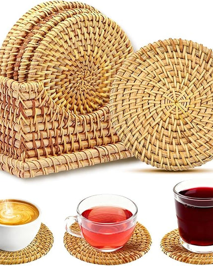 Handmade Rattan Coasters Set of 6 with Holder -Boho Wicker Coasters for Drinks, Round Rattan Coaster, Rustic Farmhouse Wooden Coffee Table Decor, Kitchen, Dining Room, Housewarming Gift (Brown B)