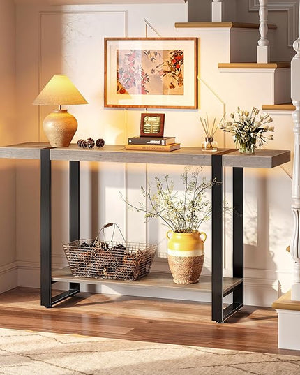 Huuger 47.2 Inch Entryway Table, 2-Tier Industrial Console Sofa Table with Storage, Accent Table, for Entry, Hallway, Entrance, Foyer, T-Shaped Metal Frame, Grey