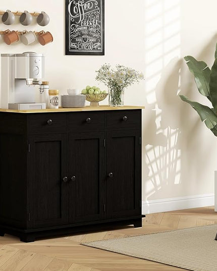 HOMCOM Sideboard with Solid Wood Countertop, Modern Kitchen Storage Cabinet, Coffee Bar Cabinet with 3 Drawers, Doors and Adjustable Shelf, Distressed Black
