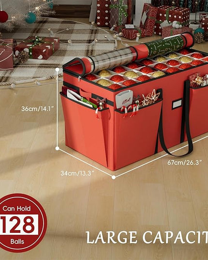 VERONLY Christmas Ornaments Storage Box with Adjustable Dividers - 8 Layers & 128 Compartments, Large Ornament Organizer with Lid for Xmas Decorations, Shatterproof Tray Design, 600D Oxford (Red)
