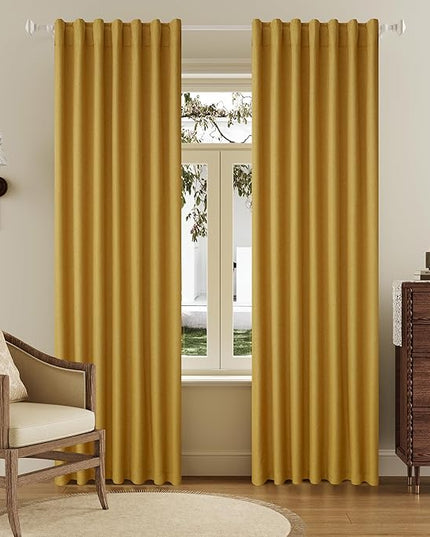 DUALIFE 100% Blackout Linen Yellow Curtains 84 Inch for Living Room Darkening, Bedroom Linen Drapes 84 Inches Long Rod Pocket/Back Tab Heat Blocking Bohemian Pleated Window Curtain(50"x84"x2)