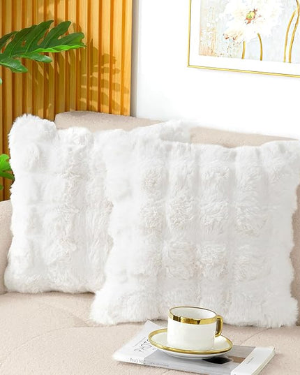Touchat Double-Sided Rabbit Fur Pillow Covers Set of 2-20x20 Inch Ultra Plush Decorative Throw Pillows for Sofa, Bed & Home Decor, Cream