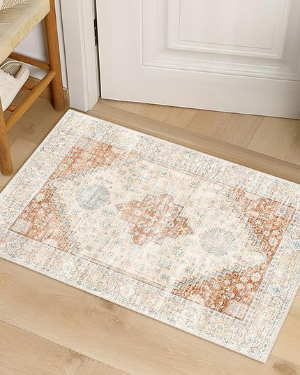 MUJOO Small Rug,2x3 Washable Area Rugs for Bathroom Entryway Entry Entrance Bedroom,Indoor Front Door Mat Non Slip Throw Carpet Boho Low Pile Terracotta