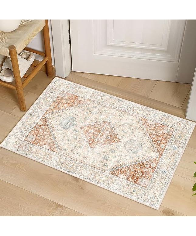 MUJOO Small Rug,2x3 Washable Area Rugs for Bathroom Entryway Entry Entrance Bedroom,Indoor Front Door Mat Non Slip Throw Carpet Boho Low Pile Terracotta