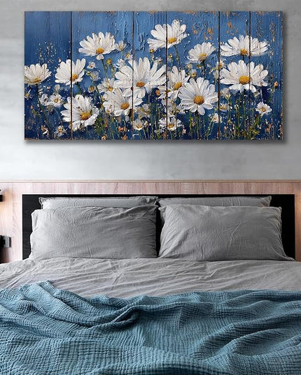 HUADAOART Canvas Wall Art Blue White Daisy Flowers 48 x 24 Inches Contemporary Living Room Bedroom Home Decor Ready to Hang