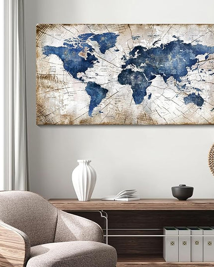 World Map Canvas Wall Art Abstract Navy World Maps for Wall Vintage Modern Wall Art for Office Framed Pictures for Living Room Bedroom Wall Decoration for Home Office Decor Artwork for Walls 24x48IN