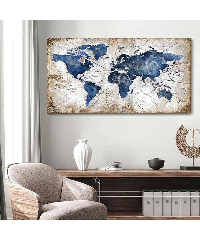 World Map Canvas Wall Art Abstract Navy World Maps for Wall Vintage Modern Wall Art for Office Framed Pictures for Living Room Bedroom Wall Decoration for Home Office Decor Artwork for Walls 24x48IN