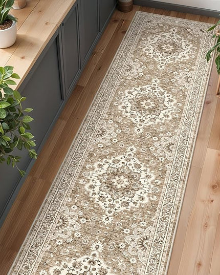 Washable Oriental Hallway Runner Rug - 3x20 Rugs for Living Room Soft Carpet for Bedroom Kitchen Waterproof Floral Distressed Indoor Stain Resistant Non-Shedding Floor Carpets (Beige, 3X20)