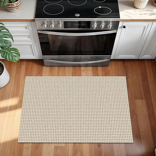 KOZYFLY Indoor Door Mat 2x3 ft Small Area Rugs Washable Front Door Mat Non Slip Rubber Backed Entryway Rug Cotton Entrance Doormat for Front Porch Bathroom Kitchen Bedroom, Ivory/Khaki