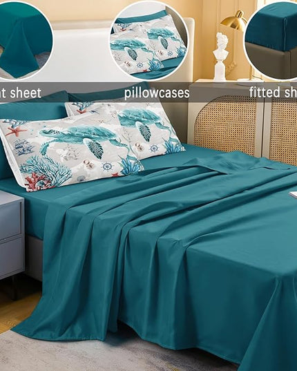 Bedbay 6 Pieces Nautical Bedding Twin Comforter Set with Sheets Coastal Bedding Bed in a Bag Set Sea Turtle Comforter Twin Bedding Set for Boys Girls Ocean Turtle Bed Set(Ocean,Twin)