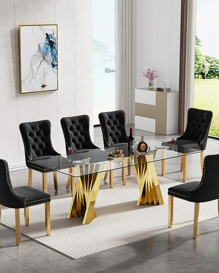 7 Piece Glass Dining Table Set,70" Dinner Room Glass Table Set for 6,Modern Kitchen Dinner Table Set with Stainless Steel Base and 6 Upholstered Velvet Dining Chairs for Living Dining Room