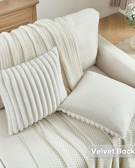 FUTEI Cream Throw Pillow Covers Set of 2, 18x18 Inch Striped Texture Cushion Cases with Soft Faux Rabbit Fur Front & Velvet Back, Modern Decorative Couch Pillows for Living Room