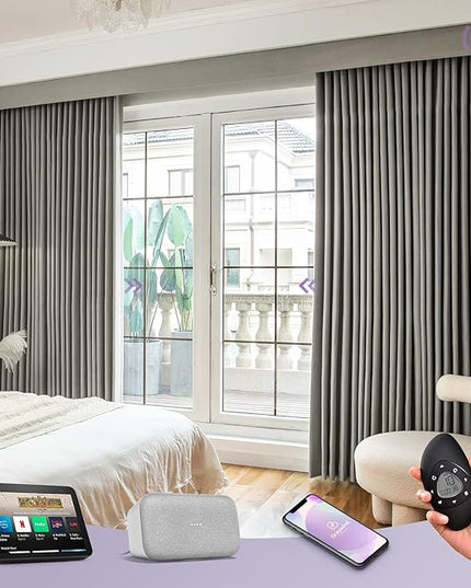 Graywind Rechargeable Smart Curtains Compatible with Alexa App Remote Control Motorized Drape for Sliding Door One-Way or Split Draw, Custom Width Up to 220" (Vintage Grey)