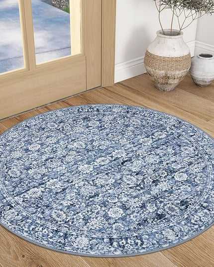 3' Round Rug Washable Rug for Entryway Soft Non-Slip Blue Area Rugs Distressed Floral Low-Pile Carpet, Neutral Vintage Circle Rugs for Living Room Dining Bedroom Foyer