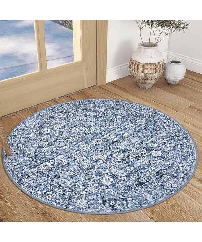 3' Round Rug Washable Rug for Entryway Soft Non-Slip Blue Area Rugs Distressed Floral Low-Pile Carpet, Neutral Vintage Circle Rugs for Living Room Dining Bedroom Foyer