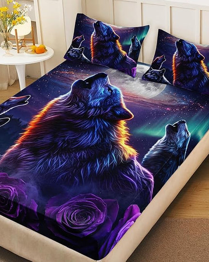 AILONEN Howling Night Wolves Bedding Sheet Set, Twin XL Size, Wolf Moon with Purple Rose Bedding Set for All Season,Wild Animal Pattern Bed Sheets,Soft Microfiber,1 Fitted Sheet and 2 Pillowcases