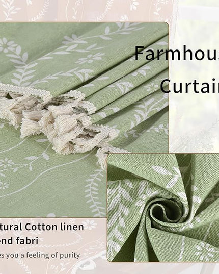 Green Linen Sheer Curtains 63 Inch Length, Boho Farmhouse Floral Curtains 2 Panels, Vintage Cottage Core Western Curtain Drapes, Sage Green