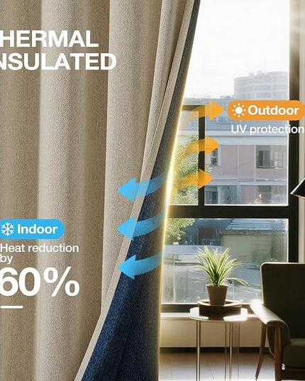 Blackout Curtains 96 inch Length 2 Panels for Living Room, Linen-Look Textured Room Darkening Thermal Insulated Noise Reduction Farmhouse Drapes for Bedroom (W52xL96, Natural)