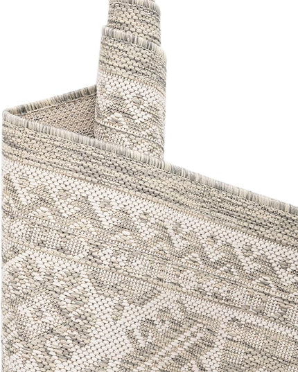 Rugs.com Outdoor Aztec Collection Rug – 6 Ft Round Light Gray Flatweave-Pile Rug Perfect for Kitchens, Dining Rooms