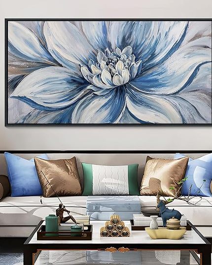 Pogusmavi Blue Floral Wall Art for Living Room - Large Textured Flower Pictures for Bedroom - Canvas Paintings, Extra Large Blue and White Wall Decor Dining Room Artwork for Walls 24×48IN