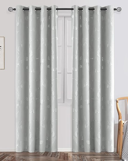 BUHUA Wave Silver Leaf Print Blackout Curtains for Living Room Darkening Curtains Light Blocking Curtains for Bedroom 52W×84L Silver Grey 2 Panels