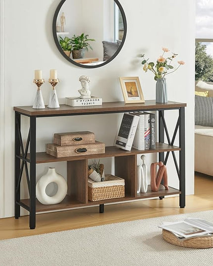HOMBAZAAR Console Table,Industrial Sofa Table with 3 Cubes,Entryway Table with Engineered Wood and Metal, Rustic 3 Tier Shelf for Hallway,Living Room,Brown,47 Inch