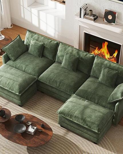 WorthFurni 111.4” Modular Sectional Sofa, U Shape Cloud Couch with 2 Movable Ottoman, Comfy Chenille Deep Seat Sofa with Soft Pillows for Living Room Apartment (Green)