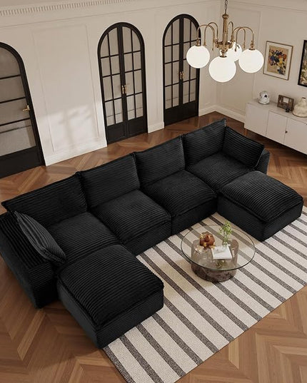 108" Sectional Couches for Living Room Boneless Couch Upholstered Cloud Couch Sectional Modular Sectional Sofa with L Shaped (Corduroy-Black, 4 Seat+2 Ottoman)