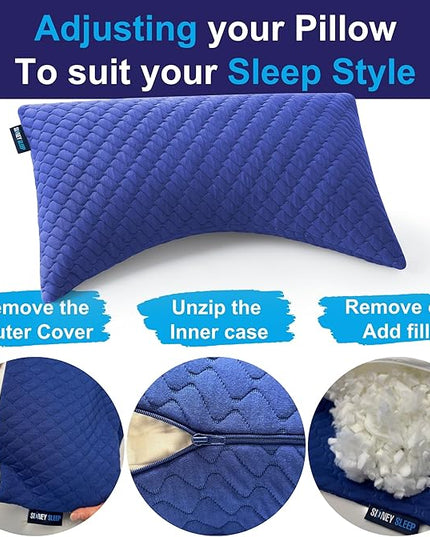 Sidney Sleep Pillow for Side and Back Sleepers - Comfort for Neck and Shoulder Pain - Adjustable and Customizable Shredded Memory Foam Filling - Queen Size - Additional Foam Fill Included (Blue)