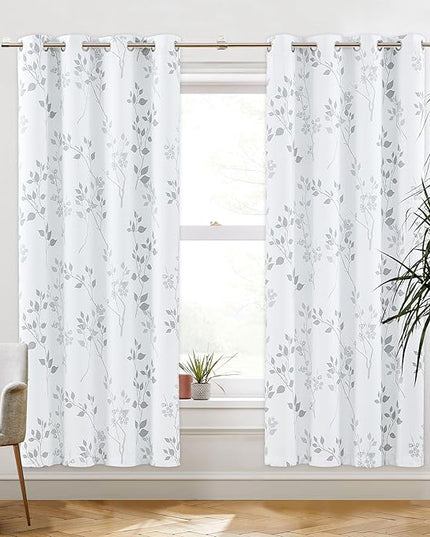 Beauoop Floral 100% Blackout Curtains 72 Inches Long 2 Panels for Bedroom Living Room Grey White Flower Patterned Room Darkening Thermal Insulated Soundproof Grommet Window Treatments Drapes, 52X72