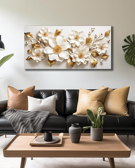 JuhaiArt Gold Wall Decor White 3D Floral Wall Art Elegant Flower Canvas Decor for Bedroom Living Room Office Picture Artwork 24" x 48"