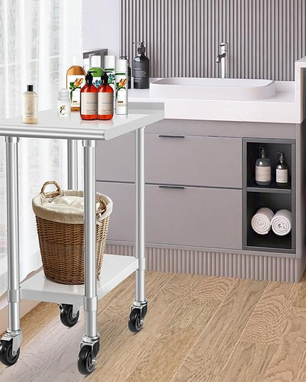 HARDURA Stainless Steel Commercial Work Table with Wheels Prep & Work Metal Table 30×18 Inches Heavy Duty NSF with Casters and 2" Backsplash