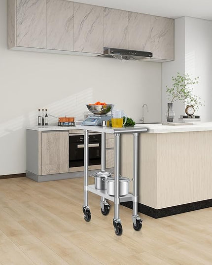 HARDURA Stainless Steel Commercial Work Table with Wheels Prep & Work Metal Table 30×12 Inches Heavy Duty NSF with Casters and 2" Backsplash