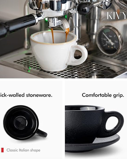 KIVY Cappuccino cups set of 4 [8oz] - Thick-walled stoneware cappuccino cup set for latte art - Latte mugs - Latte cups - Latte mug - Coffee cup black - Ceramic latte cup and saucer