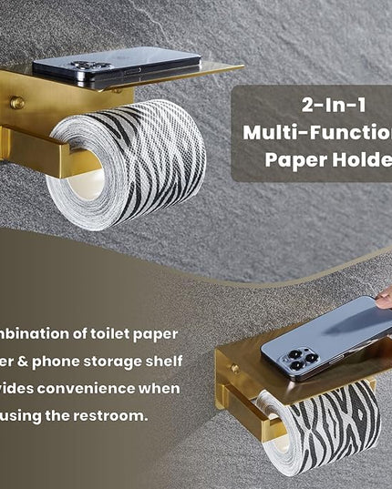 Toilet Paper Holder with Shelf, Suyar 304 Stainless Steel Wall Mount Toilet Paper Roll Holder with Phone Shelf, Brushed Gold