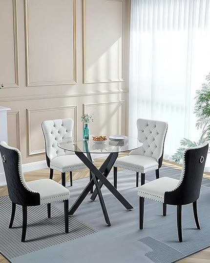 5 Piece Round Glass Dining Table Set for 4, Modern Dining Room Table and Chairs Set, Tempered Glass Top Kitchen Table with 4 Velvet Chairs, Space Saving Dining Set for Small Apartment or Home