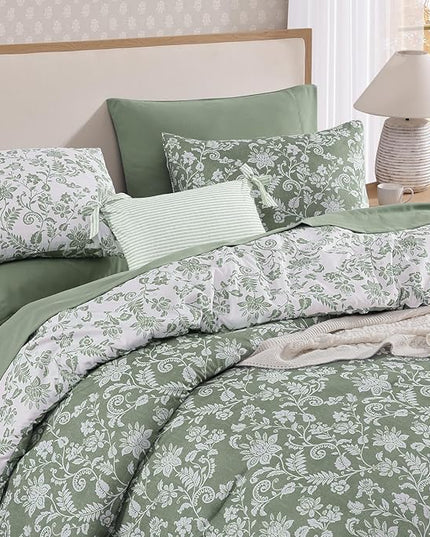 Queen Comforter Set -7 Pieces Floral Grey Green Comforter Set for All Seasons, Bed in a Bag Queen with Botanical Flowers Comforter, Sheets, Pillowcases & Shams