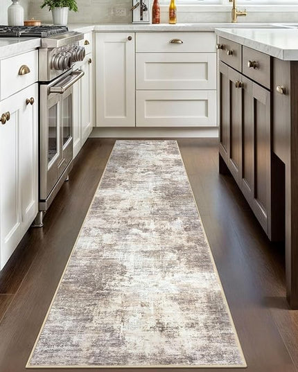 IOHOUZE Abstract Runner Rug 2x8 Ft Washable Runners for Hallways, Non Slip Kitchen Runner Printed Faux Wool Entryway Runner Indoor, Modern Abstract Floor Carpet for Hall Kitchen Bedroom, Beige Brown
