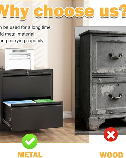 2 Drawer Lateral File Cabinet with Lock, File Cabinet, Metal Lateral Filing Cabinets for Home Office, File Storage Cabinet for Legal/Letter/A4 Documents, Assembly Required (Black, 26'W)