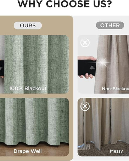 Joydeco Pinch Pleated Curtains - 100% Blackout for Bedroom, Sage Green Linen Curtains 40" W x 84" L, Thermal Insulated 2 Panels Light Blocking Drapes, Back Tabs for Living Room