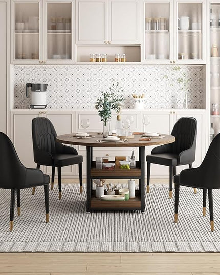5-Piece Round Dining Table Set for 4 with Storage, Kitchen Table with 4 PU Leather Chairs, Space Saving for Breakfast Nook, Dinette, Dining Room (Boxwood Dining Table-4 Black Chairs)