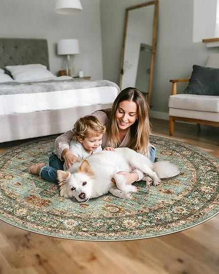 Washable Oriental Area Rug - 5ft Round Rugs for Living Room Soft Carpet for Bedroom Waterproof Floral Distressed Indoor Stain Resistant Non-Shedding Floor Carpets (Green, 5ft-Round)