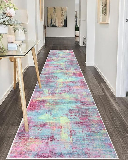 IOHOUZE Abstract Runner Rug 2x10 Ft Washable Runners for Hallways, Non Slip Kitchen Runner Printed Faux Wool Entryway Runner Indoor, Modern Abstract Floor Carpet for Hall Kitchen, Pink Teal