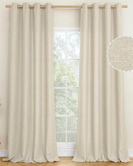LAMIT Beige Linen Curtains for Bedroom, 90 inches Grommet Thermal Insulated Thick Farmhouse Light Filtering Curtains Noise Reducing Drapes for Living Room, 2 Panels, W52 x L90, Natural Beige