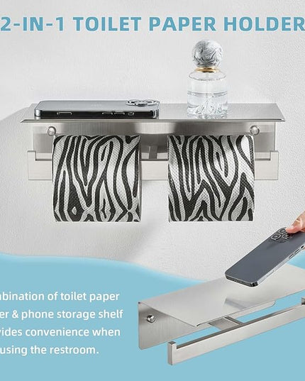 Suyar Double Toilet Paper Holder with Shelf, SUS 304 Stainless Steel Toilet Tissue Roll Holder, Brushed Nickel