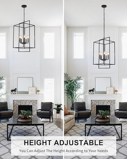 Black Farmhouse Chandelier, Extra Large Foyer Lighting Fixtures 14.17" Lantern Pendant Light, Industrial Foyer Chandelier for Staircase Entryway Hallway Kitchen, Lacquered Black 5 Lights
