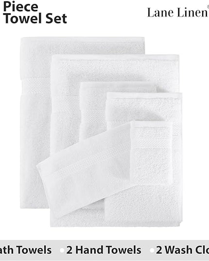 LANE LINEN 100% Cotton Luxury Bathroom Towel Set - 6 Pieces - Super Soft, Fluffy & Highly Absorbent - 2 Large Bath Towels, 2 Washcloths, 2 Hand Towels - Complete Family Pack - White Bath Towel Set